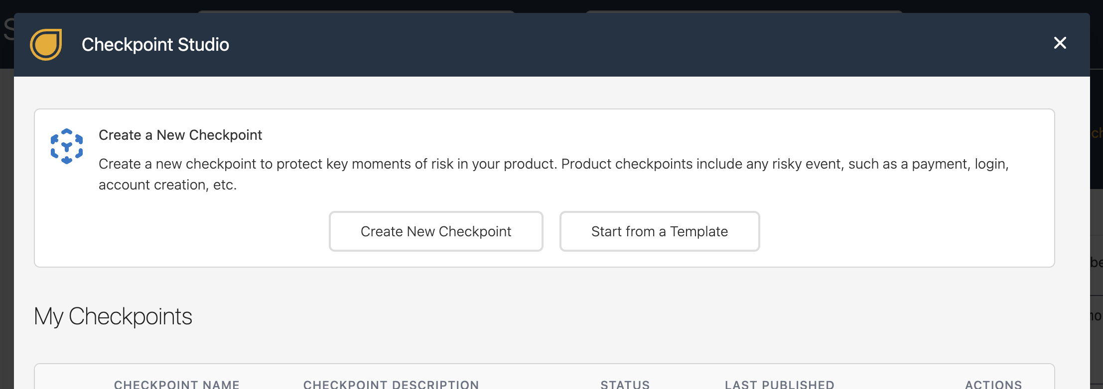 Checkpoints Modal Select Template